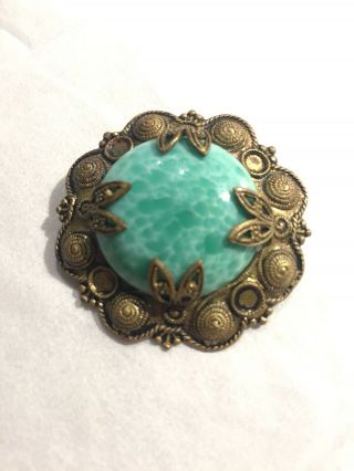 Vintage Czech Filigree Brooch Faux Peking Glass Green Stone