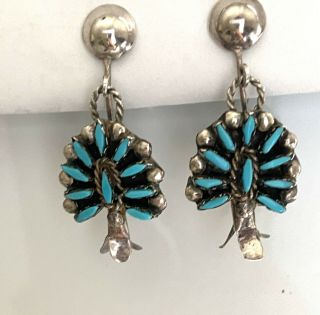 Vintage Zuni Sterling Silver Needlepoint Turquoise Squash Blossom Earrings