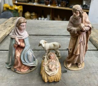 Vtg Germany Anri Nativity 4 Pc Set Hand Painted Wood Carvings