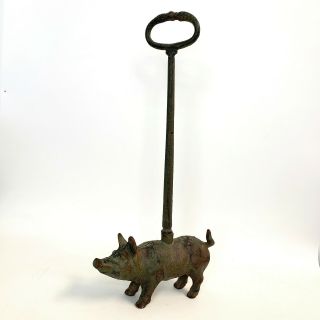 Vintage Cast Iron Pig Or Hog Door Stop With Removable Carry Handle Patina
