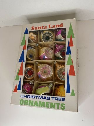 Vtg Santa Land Christmas Tree Ornaments Hand Blown Poland Indent Glitter 12 Pc