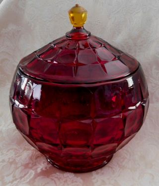 Vintage Ruby Red Pressed Pattern Glass Ambertina Covered Cookie / Cracker Jar