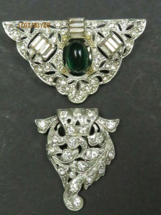 Vintage Art Deco Silver Tone Green & Clear Rhinestone 2 Dress Scarf Shoe Clip