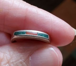 Vintage Sterling Silver Zuni Turquoise Coral Native American Indian Inlaid Ring