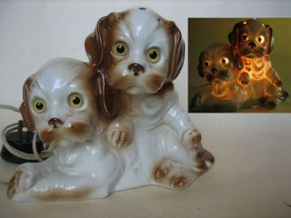 Rare 1970 Germany / Ddr Vintage Dogs Porcelain & Lamp 220 Volt