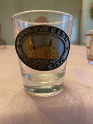 Chicago Navy Pier Shot Glass With Raised Metal Emblem In Silver And Gold Tones