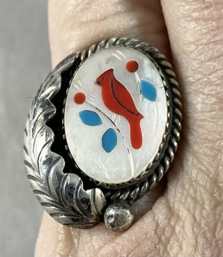 Vintage Old Pawn Sterling Silver Inlaid Mop Coral Turquoise Cardinal Ring Size 8