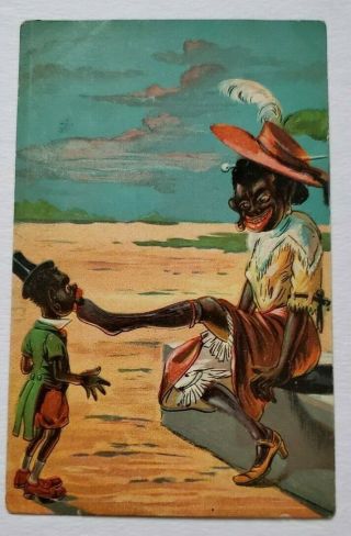 Vintage Postcard Black Americana - Cartoon Style Woman With Foot On Boy 