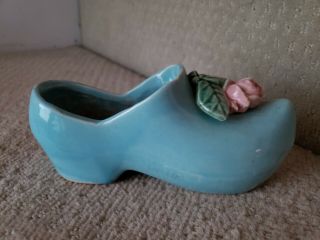 Vintage Mccoy Pottery Light Blue Dutch Shoe W/ Rose Vase Planter