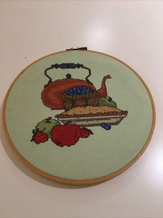 Vintage Needle Point Fruits And Teapot In Wood Hoop Frame