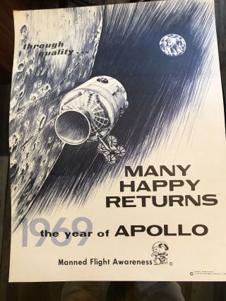Vintage 1969 Year Of The Apollo Spacecraft”“snoopy Poster” Peanuts Schults