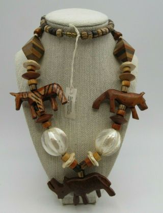 Vintage Wooden Necklace Made In The Philippines Animals Shells