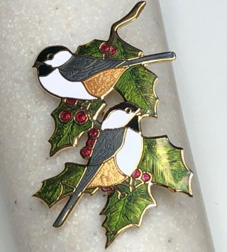 Vintage Cloisonné Enamel Bird On Holly Berry Leaves Brooch Pin Fish & Crown