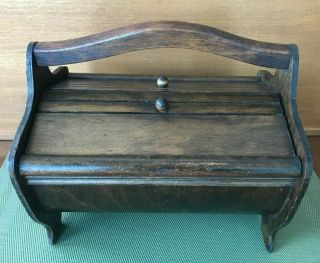 Vintage Deluxe Primitive Wooden Sewing Box With Rounded Bottom And Flip Lids.
