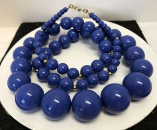 Vintage Monet Blue Lucite Graduated Ball Bead Necklace (35”) - Gold Spacers - Estate