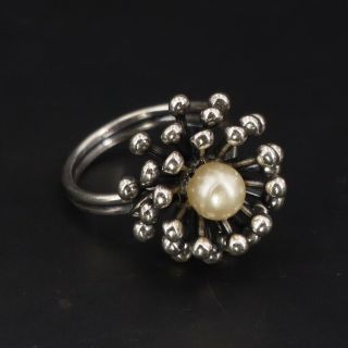 Vtg Sterling Silver - Faux Pearl Starburst Wrapped Ring Size 6.  5 - 5g