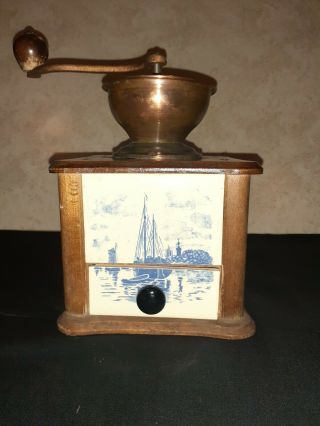 Vintage Coffee Grinder Delft Tiles Made In West Germany Copper Wood And.