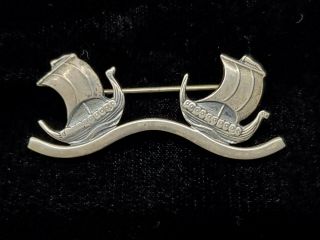 Vintage Sterling Silver Pin Brooch Viking Ships Made In Denmark