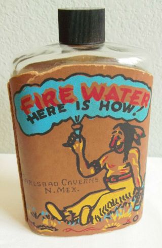 Vintage Indian Fire Water Bottle Leather Flask Carlsbad Caverns N Mex Souvenir
