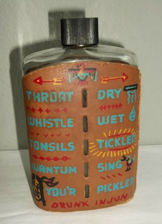 Vintage Indian Fire Water Bottle Leather Flask Carlsbad Caverns N Mex Souvenir 2