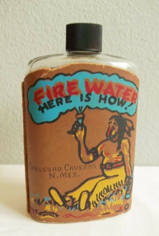 Vintage Indian Fire Water Bottle Leather Flask Carlsbad Caverns N Mex Souvenir 3