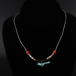 Vtg Sterling Silver - Navajo Coral Howlite Bird 16 " Liquid Silver Necklace - 4g