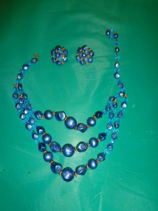 Vintage 3 Strand Blue Beaded Necklace W/clip On Earrings