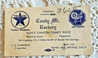 Vintage Boyes Hot Springs Sonoma Co Calif Candy Mt Rockery Business Card Texaco