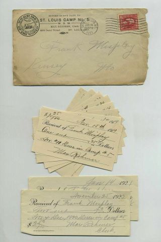 Vintage 1921 Cover W/ (10) Dues Slips Wow Woodmen World Camp 5 St Louis Mo Y5159