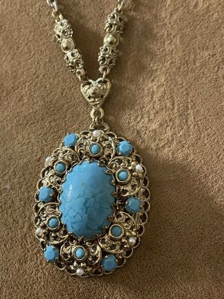 Vintage West Germany Filigree Faux Turquoise And Pearl Pendant Necklace,  22”