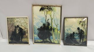 Vintage Silhouettes Reverse Painted On Glass 3pc Set Wall Decor Courting Couple