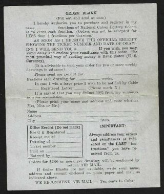 1936 National Cuban Lottery Tickets Order Form