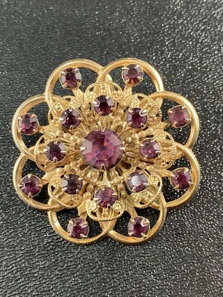 Vintage Brooch Pin 2” Flower Purple Crystal Rhinestones Gold Tone Lot2