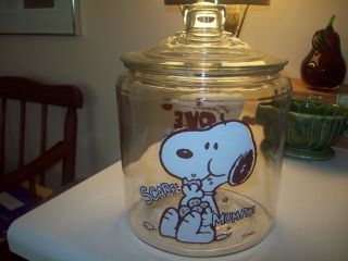 Vintage Snoopy Glass Cookie Jar " I Love Cookies "