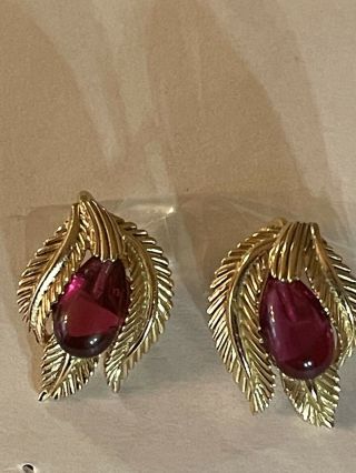Vintage Signed Crown Trifari Ruby Red Cabochon Earrings,  Leaf Design