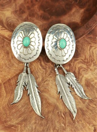 Vintage Signed H Sterling Silver Turquoise Concho Feather Dangle Drop Earrings