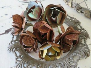 7 Fabulous Old Vintage Metal Italian Tole Roses Stems Chippy Rusty Patina
