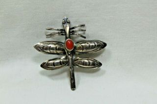 Vintage Southwestern Sterling Silver Coral Red Spiney Oyster Dragonfly Pin 5g