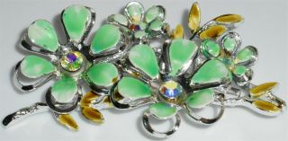 Vintage Coro Green Enameled Clear Rhinestone Flower Brooch Pin