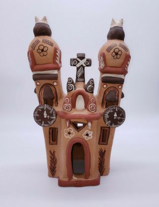 Vintage Large 12 " Terracotta Clay Mexican Folk Art Church Clocks