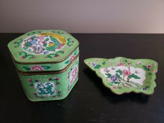 Vintage Chinese Cloisonné Trinket Box And Ash Tray With Dragon And Floral Design
