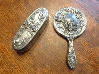 Antique Maiden Lady Repousse Silver Plated Vanity Hand Mirror & Matching Brush