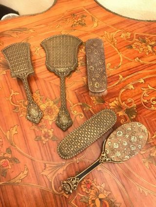 Antique Vintage 5 Piece Vanity Set Brushes & Hand Mirrors