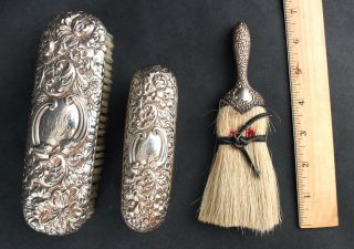 3 Pc Antique Gorham Sterling Silver Repousse Womens Vanity Brush Set,  Nr
