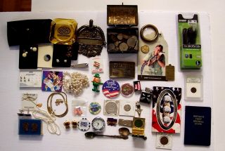 Junk Drawer With Coins,  Jewelry,  Casino Chips,  Misc.  Vintage Stuff,  Belt Buckle,