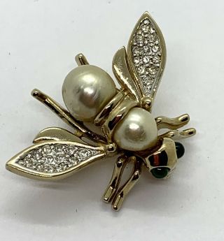 Vintage Signed Panetta Pave Rhinestone Faux Pearl Bee Brooch