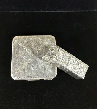Vintage 800 Silver Compact Lipstick Case Mirrors Etched Ornate Floral Set Of 2