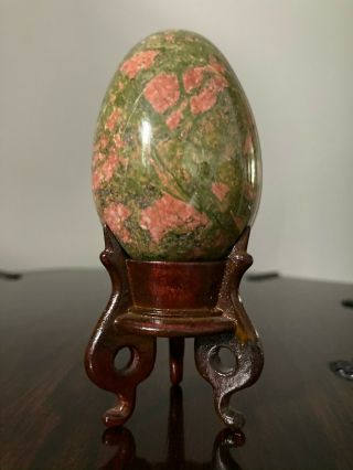Vintage Semi - Precious Carved Unakite Stone Egg With Fitted Stand