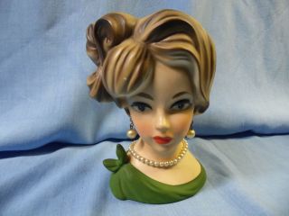 Vintage Napcoware Lady Head Vase W/ Pearls & Earrings & Green Dress C7293