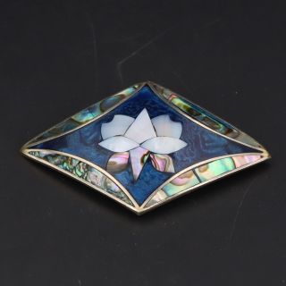 Vtg Alpaca - Mexico Abalone & Mother Of Pearl Inlay Flower Brooch Pin - 5.  5g